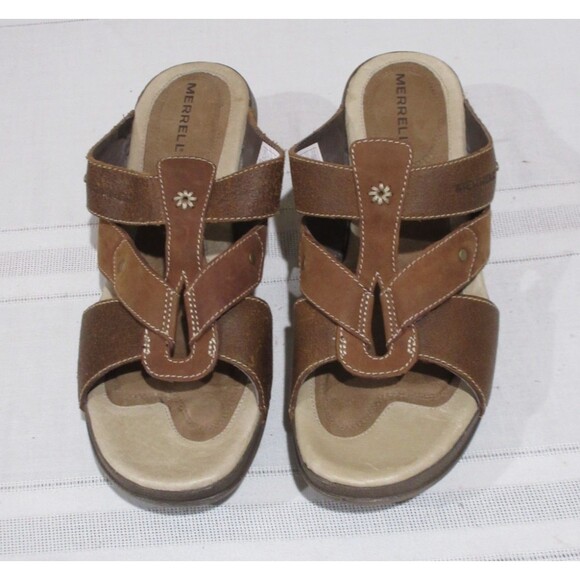 Merrell Luxe Mink Brown Strappy Leather Wedge Slide Comfort Sandals Size 10 - Picture 1 of 8